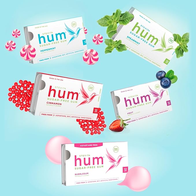Stevita Hum, Variety Pack - 5 Packets of Sugar-Free Gum - Includes One of Each Flavor: Bubblegum, Peppermint, Cinnamon, Fruit & Spearmint - Non-GMO, Vegetarian, Keto, Gluten Free