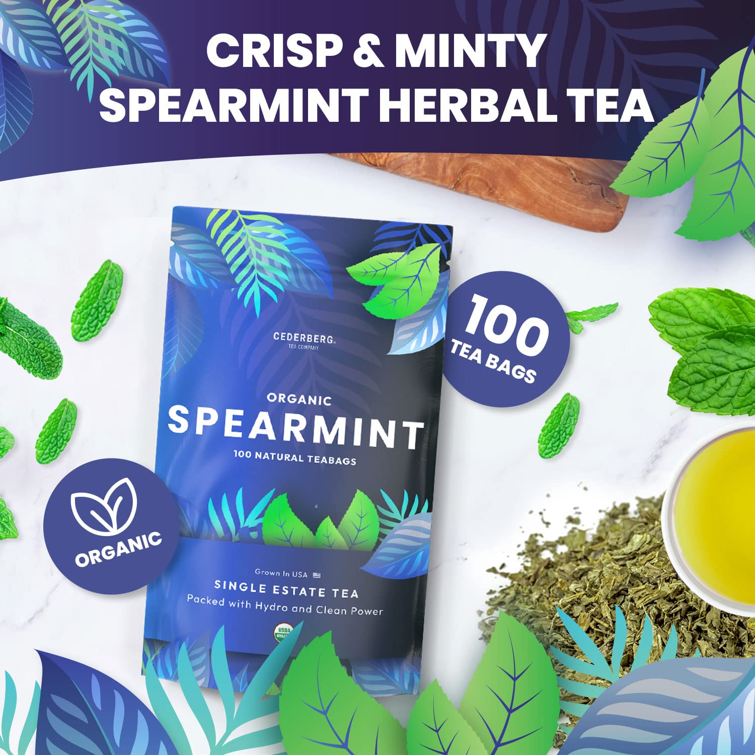 Organic Spearmint Herbal Tea — 100 Tea Bags | Grown in USA | Eco-Friendly Tea Bags | Non-GMO Caffeine Free Tea | Cederberg Tea Company