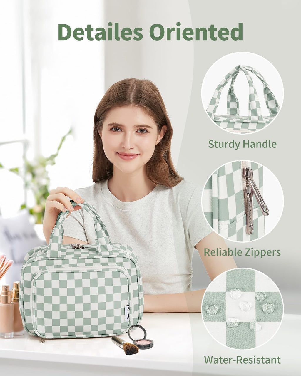 Narwey Large Travel Toiletry Bag for Traveling Women, Cosmetic Makeup Bag Make Up Organizer, Checkered Travel Bag for Toiletries with Handle (Mint Green Checkerboard)