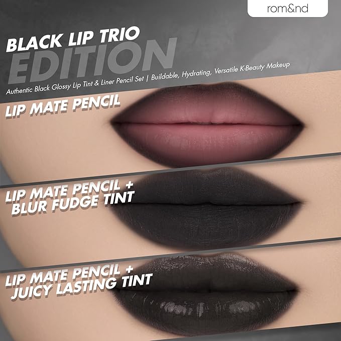 rom&nd BLACK LIP TRIO EDITION – Authentic Black Glossy Lip Tint & Liner Pencil Set | Buildable, Hydrating, Versatile K-Beauty Makeup