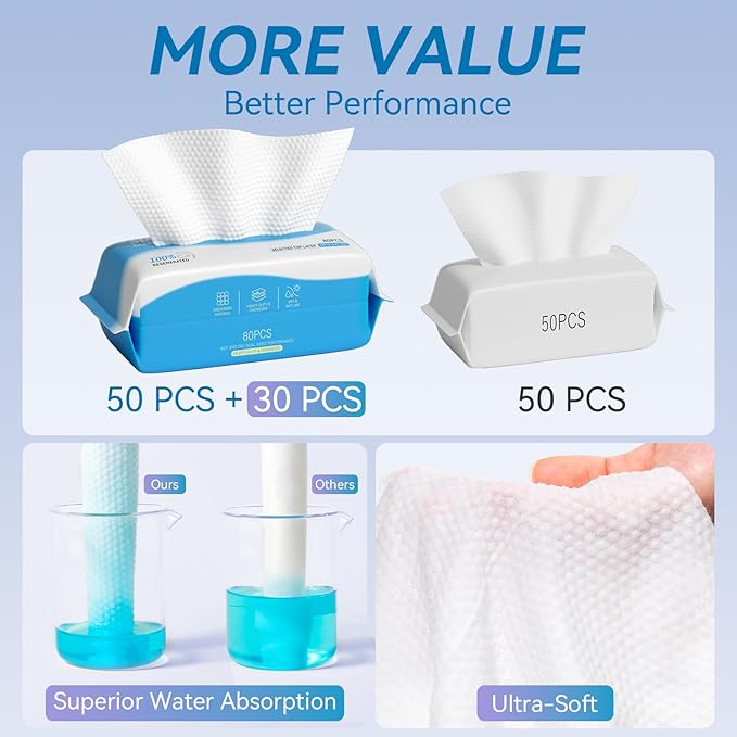 Face Towels, Disposable Biodegradable Clean Facial Towelette for Sensitive Skin, Lint- free Face Cloths for Makeup Remover, Ultra Soft Dry Wipes, Skincare Women Cleansing 240 Count (3 Packs)