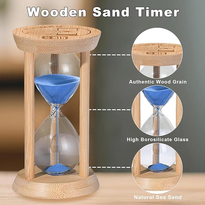 Wooden Sand Timers,10 Minute Stunning Glass Bamboo Blue Sand Hourglass for Productivity, Meditation & Decor, 10 Min Reloj De Arena for Kitchen, Office, Game (Blue)