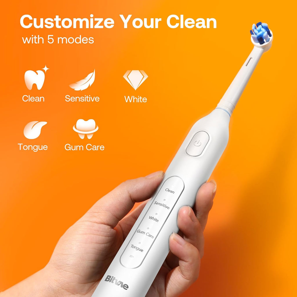 Bitvae R1 Rotating Electric Toothbrush for Adults and Kids with 60-Day Battery Life, 8 Brush Heads Rechargeable Power Toothbrush, 5 Modes, Brushing Timer, White