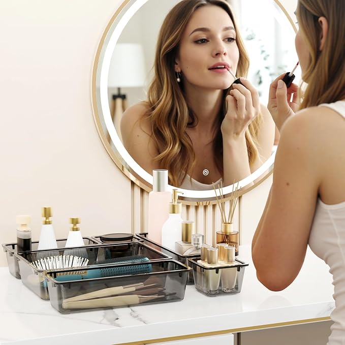 WOWBOX 32 PCS Clear Plastic Drawer Organizer Set, 4 Sizes Desk Drawer Organization and Storage Containers for Makeup, Cosmetics, Jewelry and Gadgets in Kitchen, Bathroom, Bedroom, Office, Clear Black