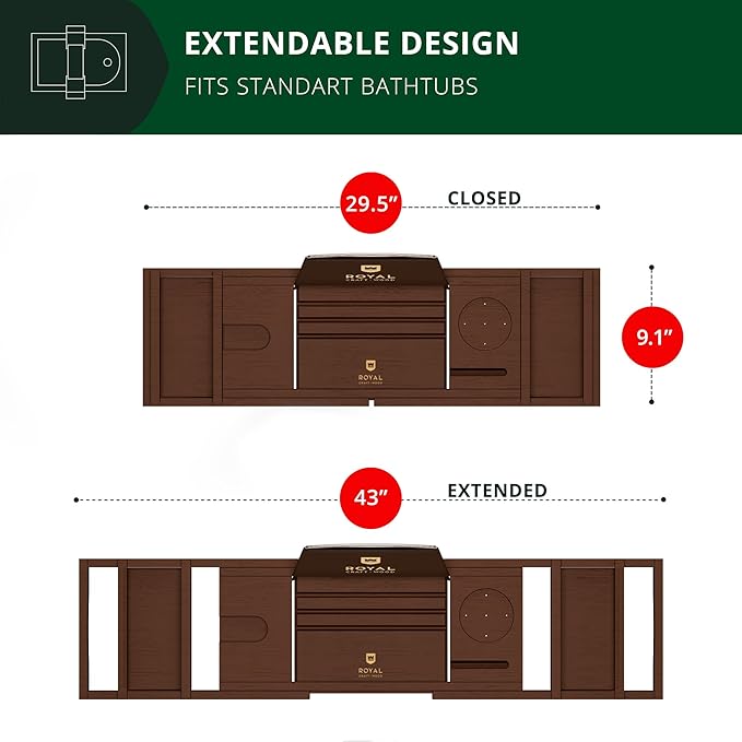 ROYAL CRAFT WOOD Non-Foldable Bathtub Tray - Wood Bath Tray for Tub, Bamboo Bathtub Shelf, Expandable Bath Table Trays, Luxury Bathroom Accessories for New Home & Unique Gift for Women