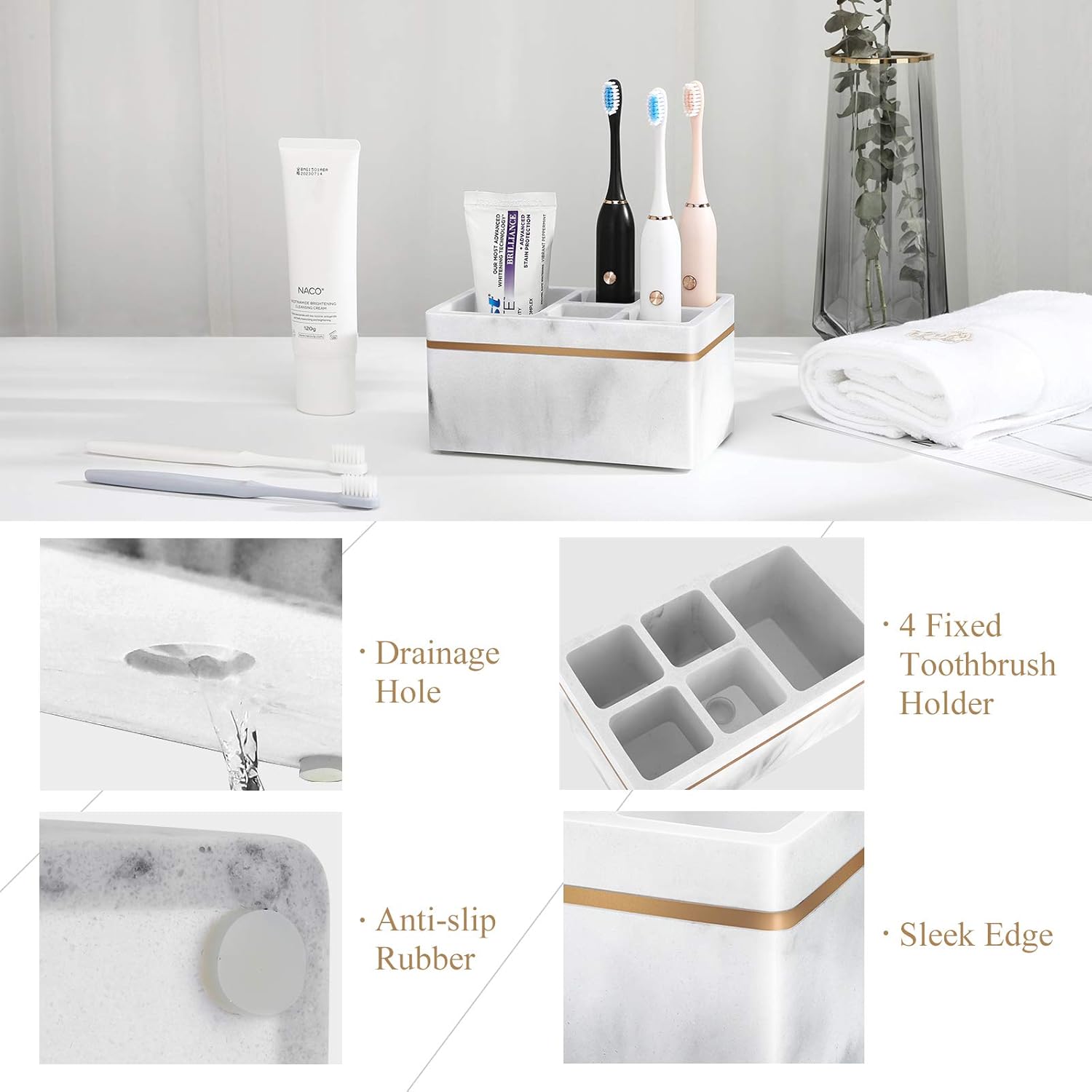 Shinowa Resin Toothbrush Holder, 5 Slots Hygienic Electric Toothbrush Holder Storage Stand Organizer for Toothbrush, Toothpaste, Razor, Gravel White