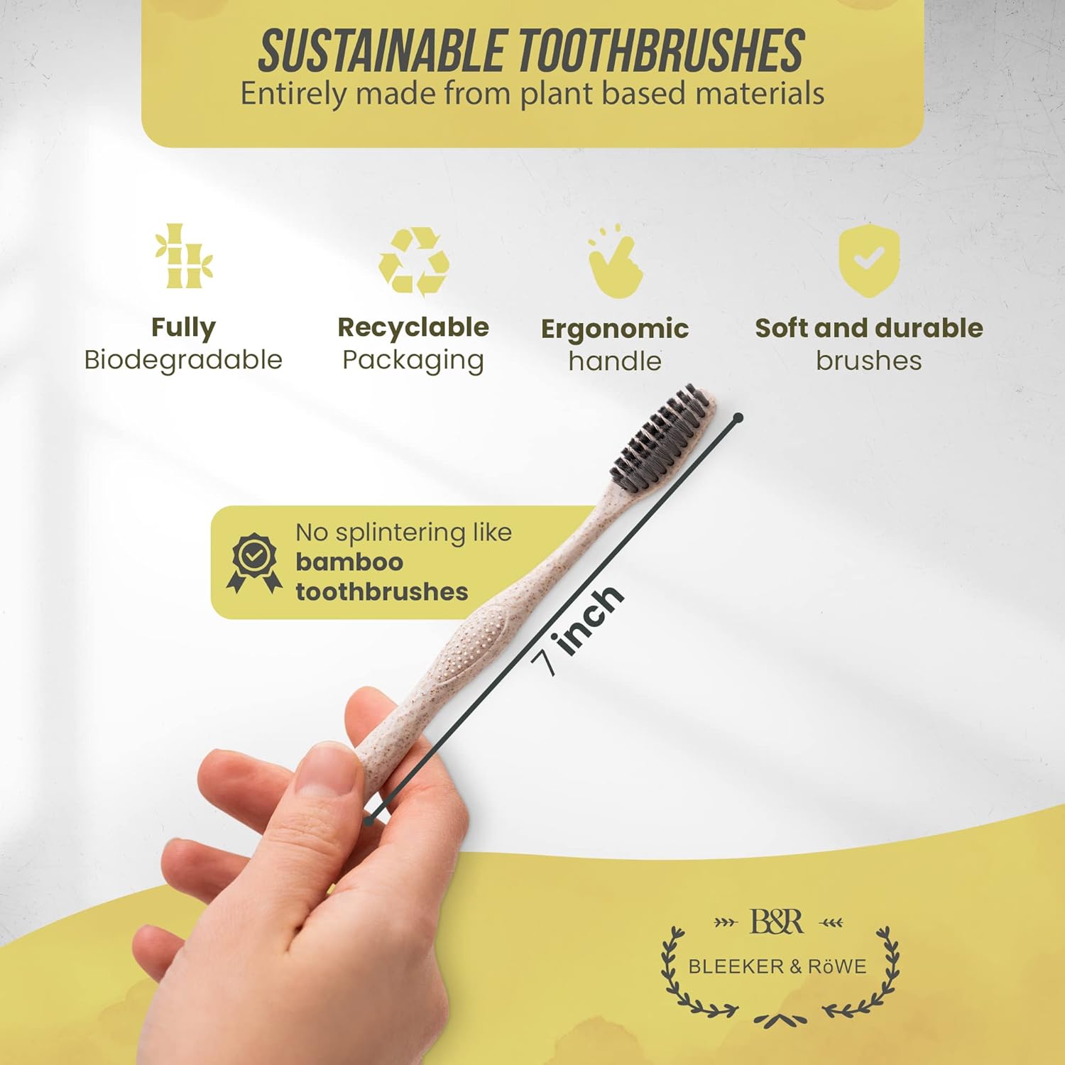 Bleeker and Rowe Biodegradable Eco-Friendly Toothbrushes - Individually Sealed - BPA Free Soft Bristles - Sustainable - Recycled Packaging (Pack of 10)