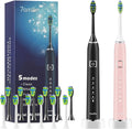 7AM2M Electric Toothbrush 2 Pack Set for Kids and Adults, 12 Brush Heads,5 Adjustable Modes, Built-in 2-Minute Smart Timer,Wireless Fast Charge for 60 Days,IPX7 Waterproof SonicToothbrush(Black+Pink)
