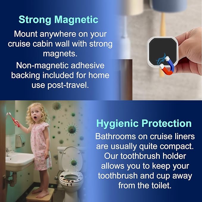 Cruise Toothbrush Holder Magnetic for Cruise Ship Bathroom – Holds 4 Toothbrushes, Toothpaste & 2 Toothbrush Cups – Compact Cruise Essentials 2025 for Small Cabins – Lightweight Travel Accessories