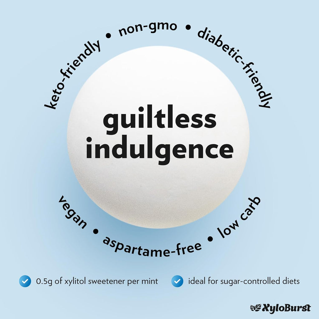 XyloBurst - Xylitol Mints | Sugar Free Breath Mints for Oral Health | Gluten Free, Vegan, Keto Friendly | Aspartame Free Mints | Peppermint | 60 Count Jar, 8-Pack