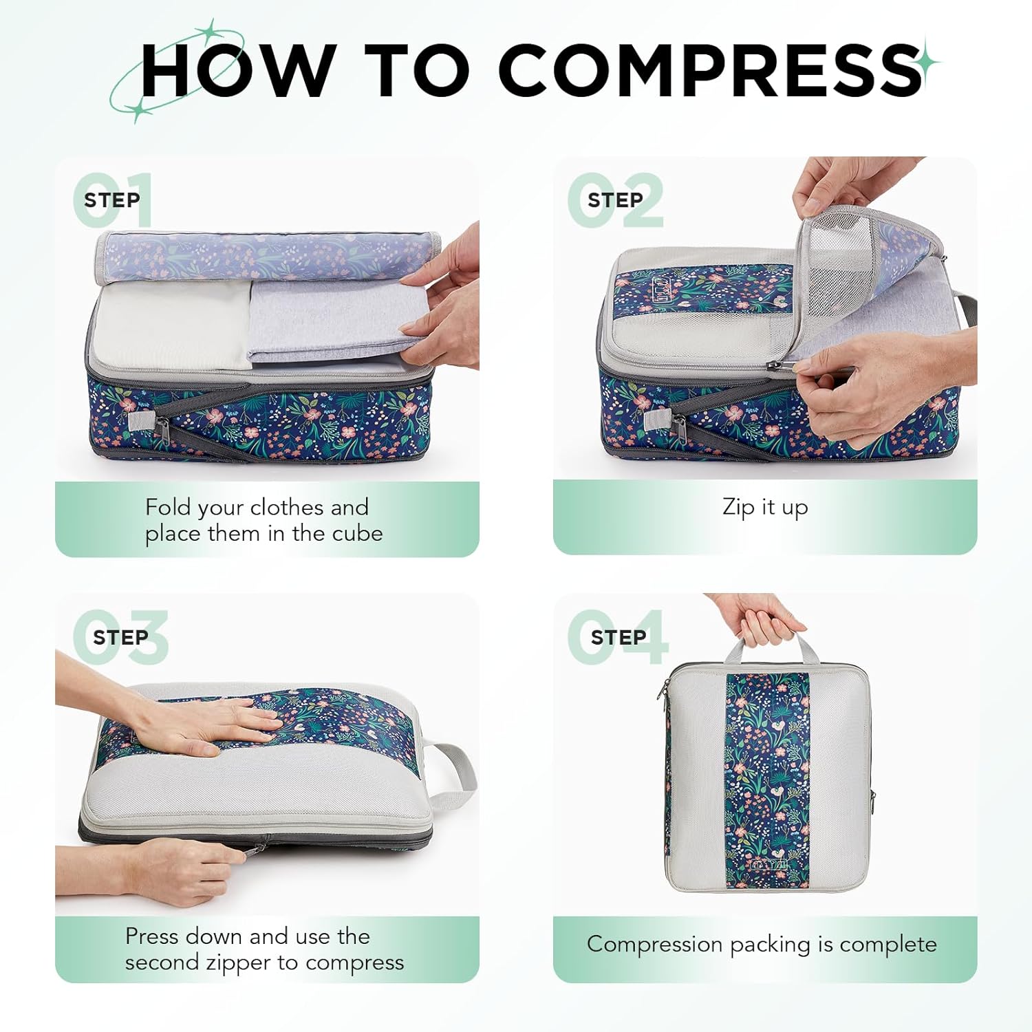 2 Set Compression Packing Cubes for Travel Essentials,Compressible Expandable Packing Cubes for Suitcase,OlarHike Luggage Organizer Bags for Travel(Dark Blue Floral)