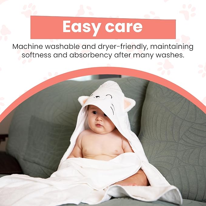 Premium Hooded Towel - 500GSM Viscose derived from Bamboo Cotton Baby Towels- Ultra Soft & Absorbent, Extra Large 35” x 35”, Hypoallergenic, Machine Washable Toddler Towel - Cat