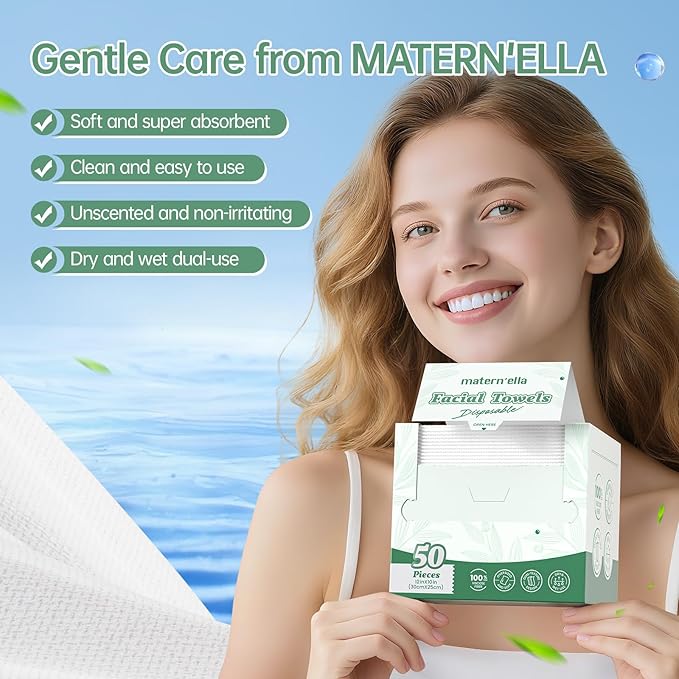 MATERN'ELLA Disposable Face Towels XL Ultra Soft Biodegradable Dry Wipes, Plant-Based Lint-Free Facial Towelettes for Makeup Removal & Sensitive Skin, Premium Texture for Effective Cleansing 50 Count
