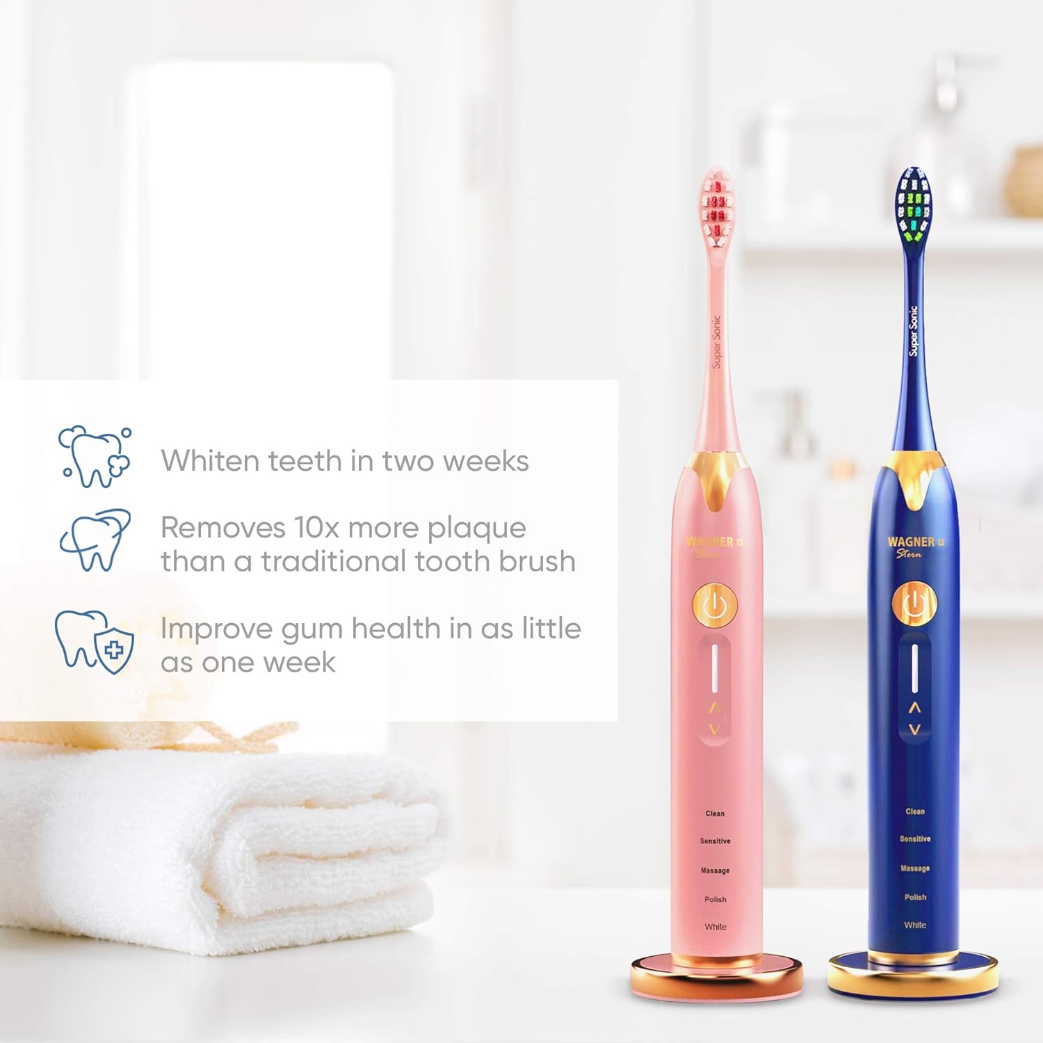 Wagner Stern. Duette Series. 2 Electric toothbrushes with Pressure Sensor. 5 Brushing Modes and 4 Intensity Levels, 10 Dupont Bristles, 2 Premium Travel Cases. (Pink/Blue)