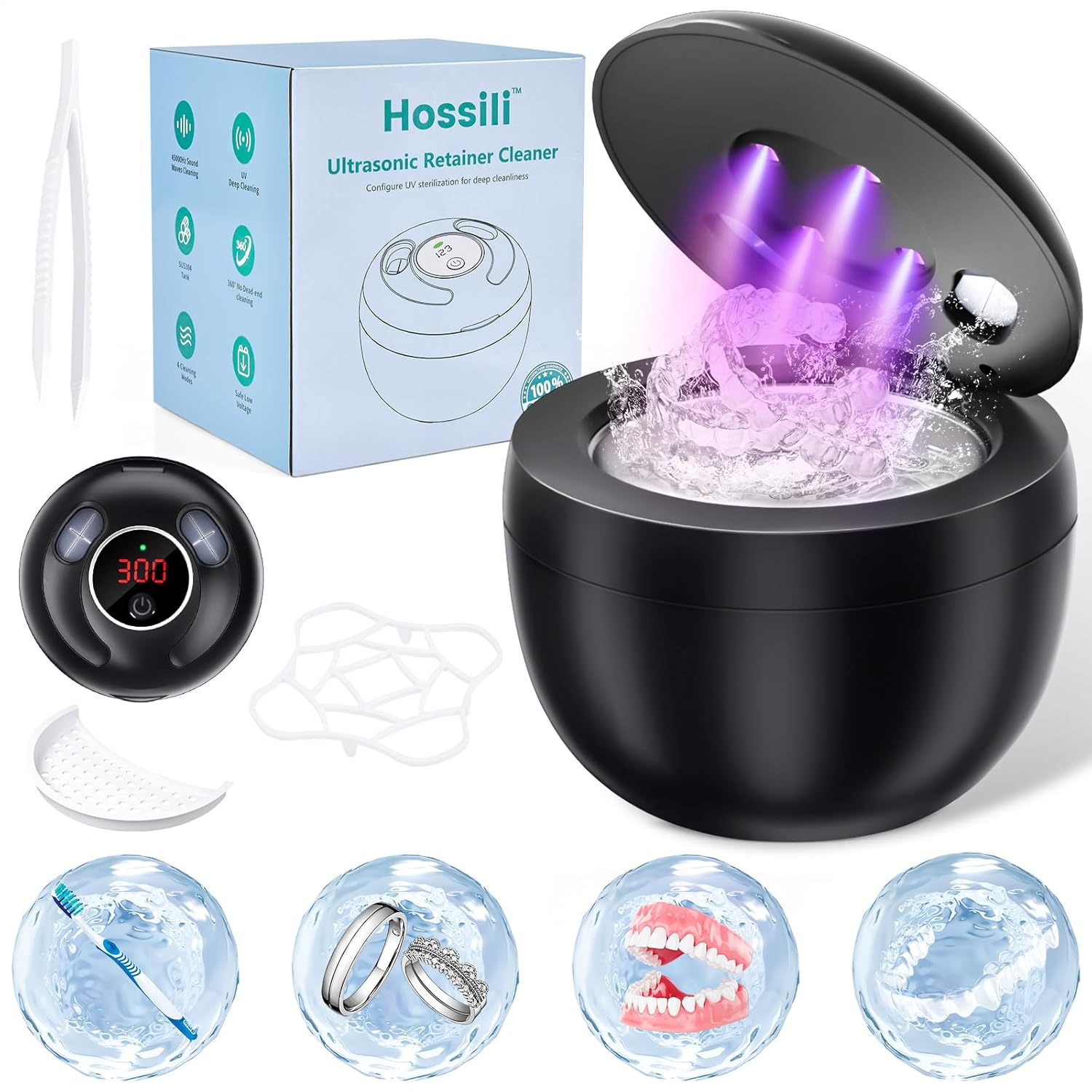 Ultrasonic Retainer Cleaner Machine, 200ML Ultrasonic Cleaning Pod with 4 Modes, Digital Timer for Denture Cleaner, Aligners, Mouth Guards, Braces, Jewelry & Toothbrush Heads
