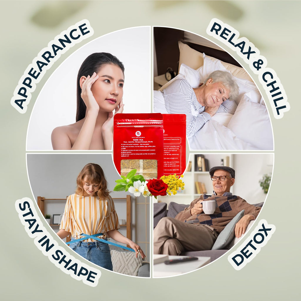 Rose Tea, Re-Steep Chrysanthemum, Jasmine & Stevia Herbal Tea - 55 Count (+5 Tea Bags) Bamboo Tong Included - 4.37 oz, Relax,Support, Up Mood, Appearance Detox