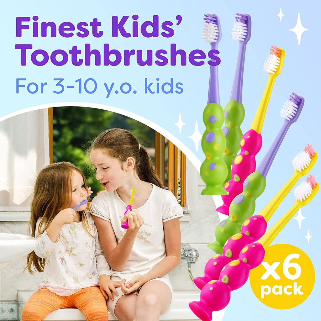 Kids Toothbrush 6 Pack - Soft Contoured Bristles - Child Sized Brush Heads (3-10 Year Old) - Suction Cup for Fun & Easy Storage - Girl & Boy Set (6-Pack, Green & Pink)