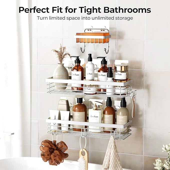 Orimade Adhesive Shower Caddy Soap Dish Holder Shelf with 5 Hooks Bathroom Organizer Basket Kitchen Storage Rack Wall Mounted No Drilling Stainless Steel - 3 Pack,Silver