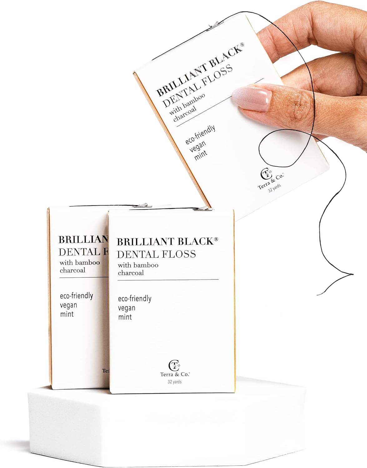 Terra & Co., Brilliant Black Dental Floss (3 Pack) | Organic Teeth Whitening Products | All Natural, with Activated Bamboo Charcoal | Vegan & Cruelty Free | Luxury Dental Care