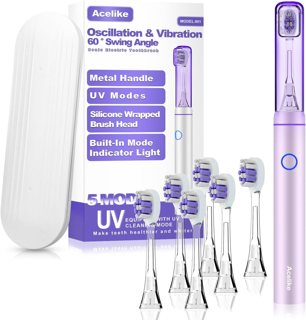 Metal Electric Toothbrush with UV Mode, Vibration and Oscillation Electric Toothbrush for Adults, 6 Brush Heads & Travel Case & Dust Cover, 5 Modes & Built in Timer, One Charge Last 120 Day（Rose）