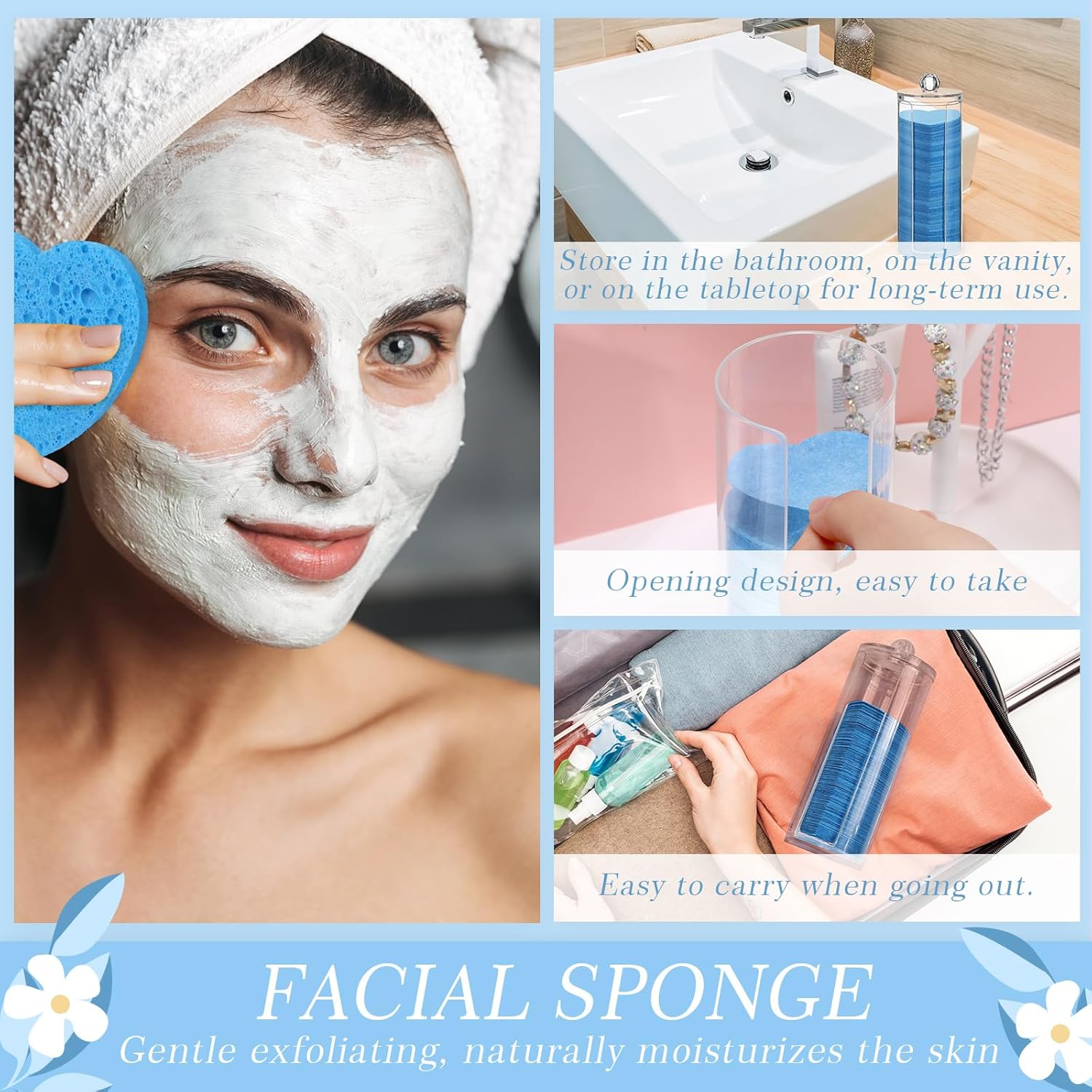 Sieral 120 Pcs Compressed Facial Sponges with Container Disposable Face Sponge Pads for Washing Face Cleansing Exfoliating Esthetician Makeup Removal(Heart,Dark Blue)