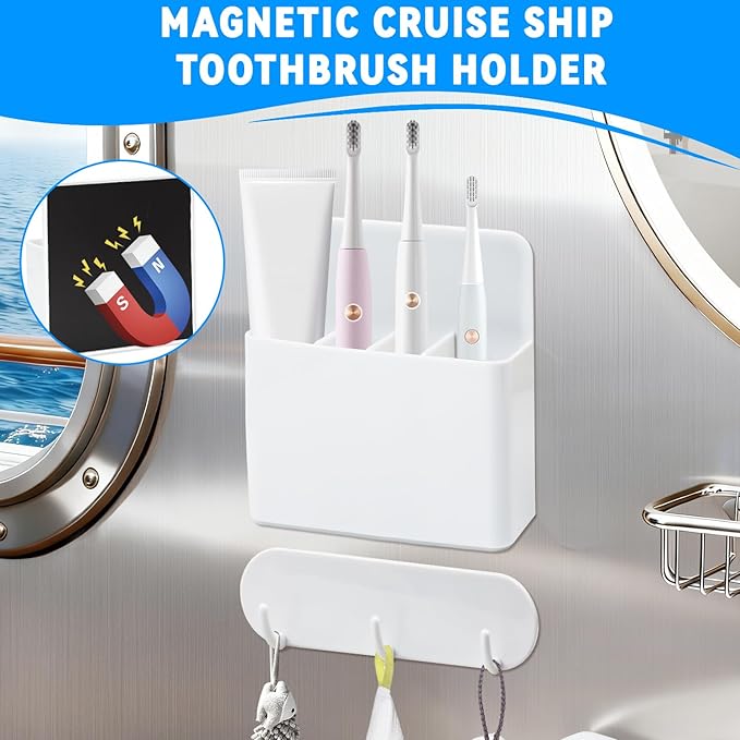 Magnetic Toothbrush Holder with Hook Rack for Cruise Ships, White Wall Mounted Detachable Grid Toothbrush Organizer with Magnetic Hooks, Cruise Bathroom Essentials Travel Accessories
