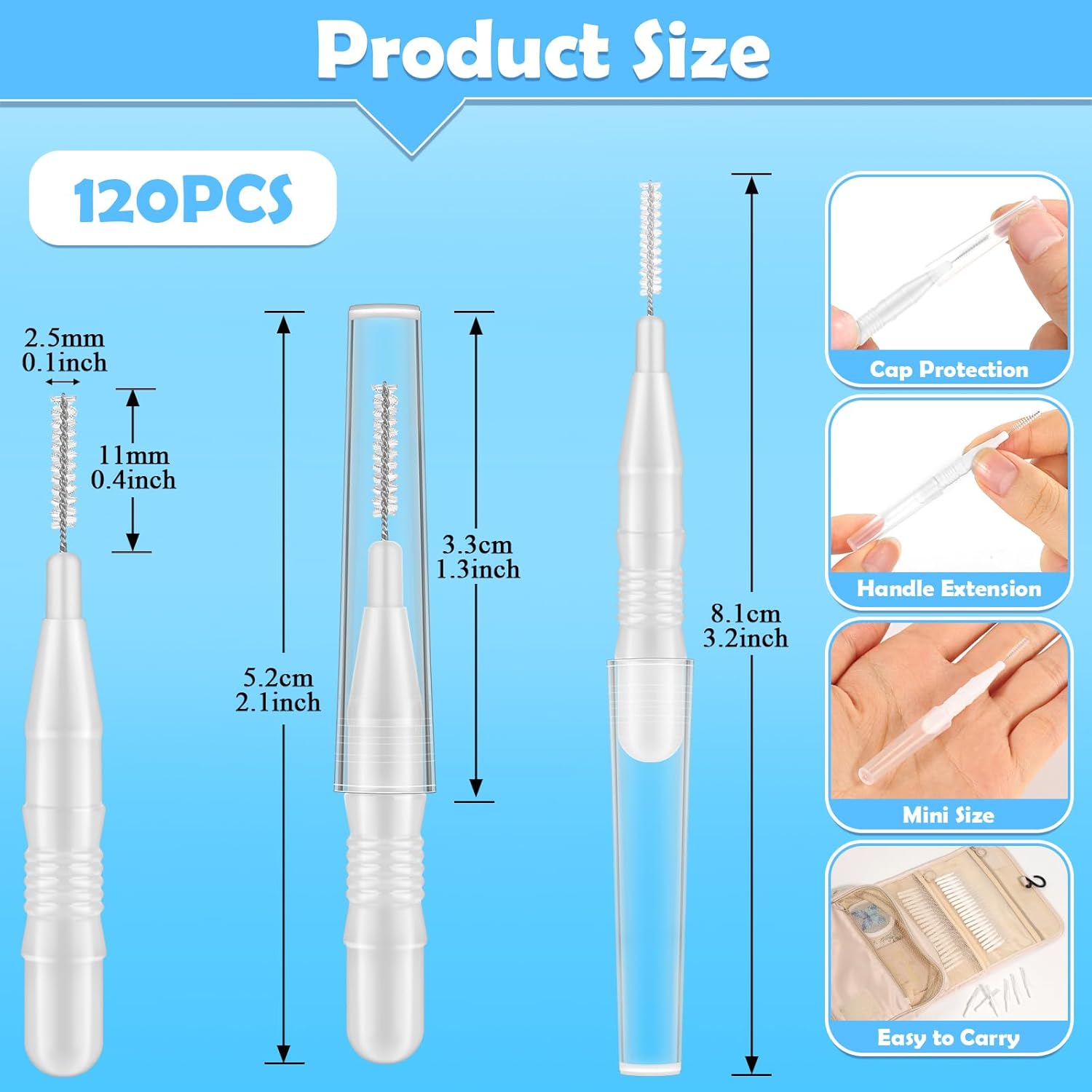 120Pcs Interdental Brushes, 360° Bendable Soft Bristles Braces Flossers Dental Brushes Between Teeth Gum Interdental Brushes for Gum Braces Oral Teeth Cleaning Tool (White)