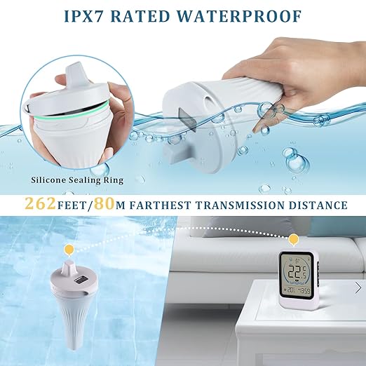 2025 New Digital Pool Thermometer Floating Easy Read, IPX8 Swimming Thermometer Wireless,Water Temperature with LCD Display, Outdoor Floating Thermometers for Bath Pool Hot Tubs Fish Tank with 2m Rope