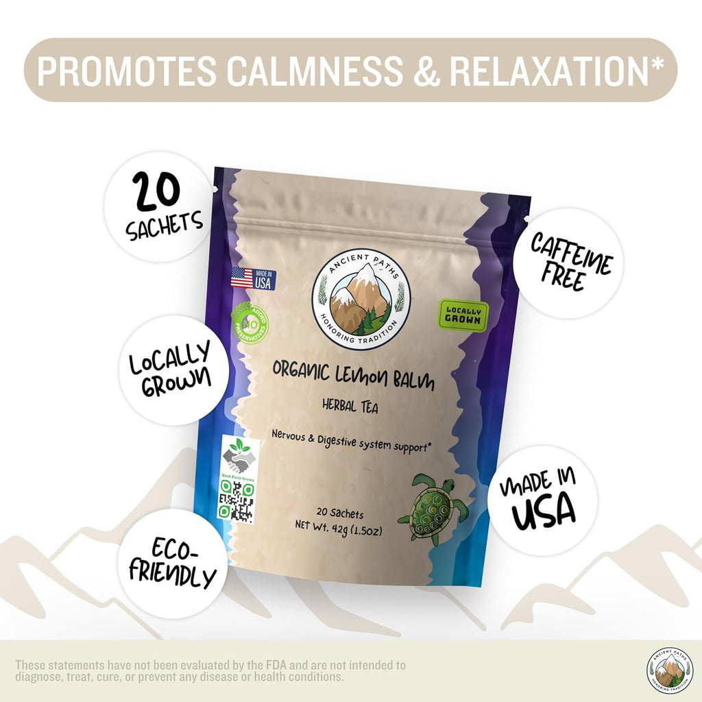 Ancient Paths Organic Lemon Balm Herbal Tea - Nervous & Digestive Support - 100% Pure Dried Lemon Balm Calming Tea - Caffeine-Free & Sustainable Tea Bags - USA Grown (20 Sachets)