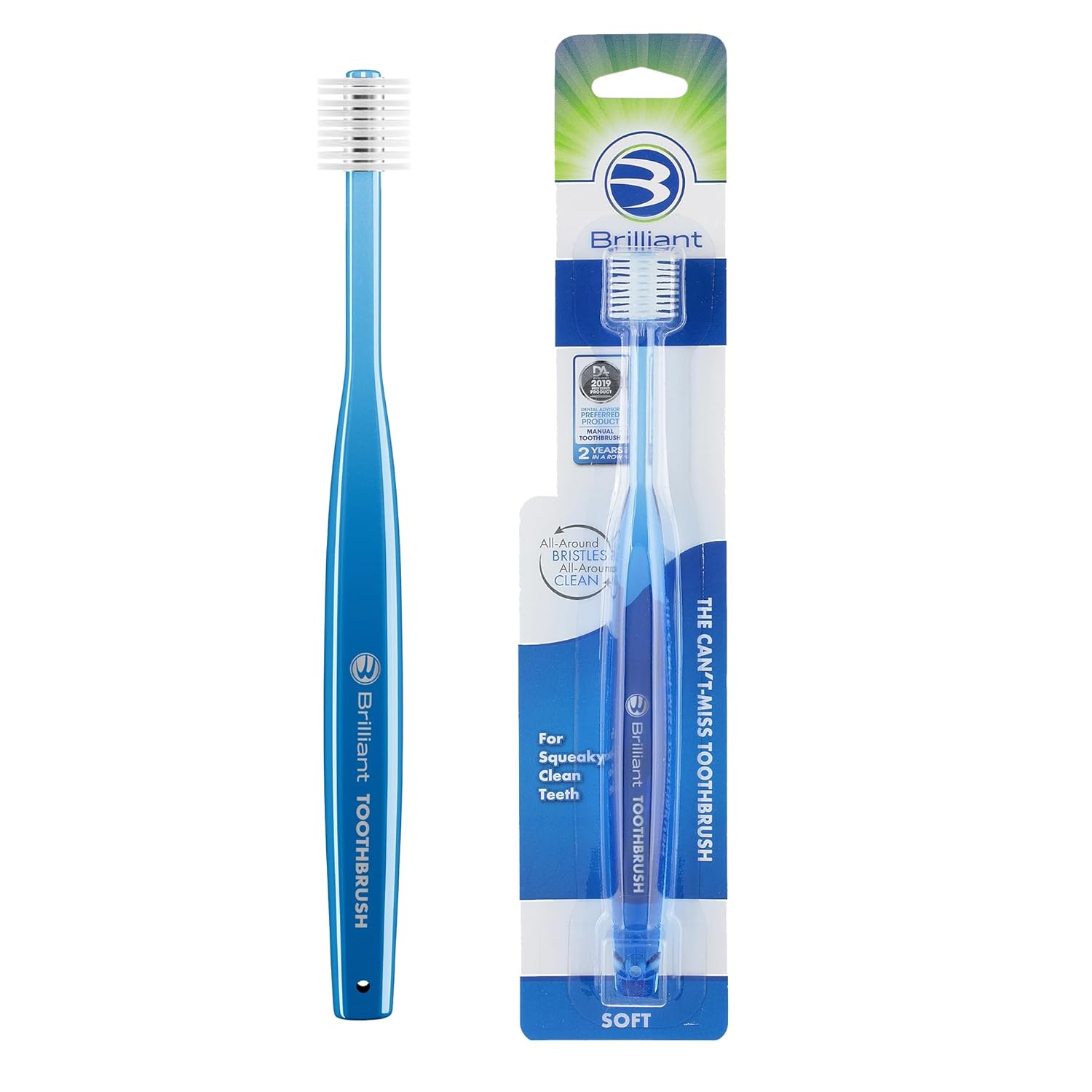 Brilliant Oral Care Adult Toothbrush with Soft Bristles, Round Head, and All-Around Clean for Teeth and Gums, Blue, 1 Pack