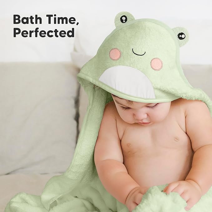 KeaBabies Hooded Baby Towel for Newborn - Viscose Derived from Bamboo Large Baby Bath Towels with Hood for Boys, Girls, Toddler, Extra Absorbent & Soft Newborn Bath Essentials (Frog, Petite)