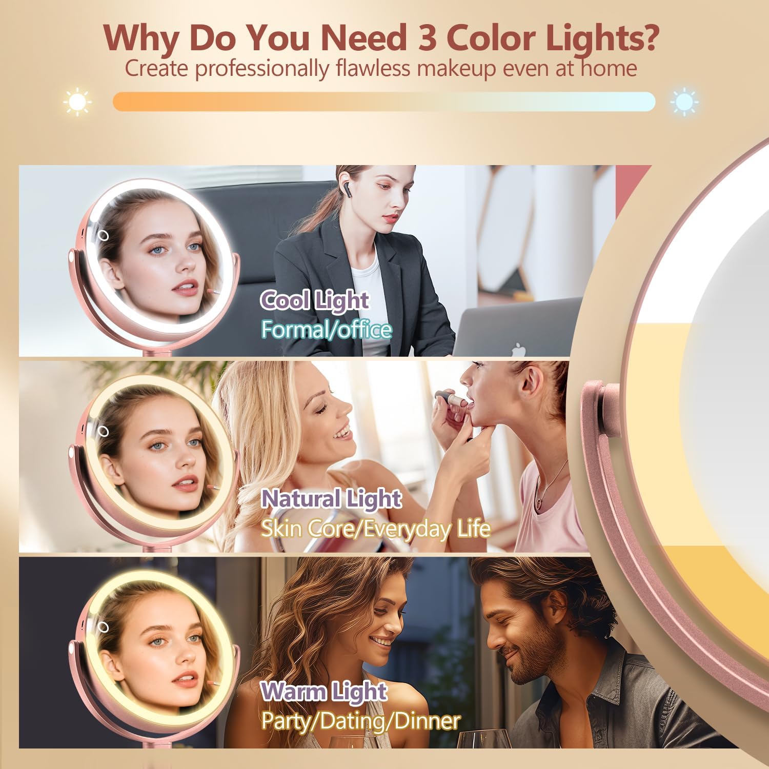 MIYADIVA Makeup Mirror with Lights,20X Magnifying Mirror with Light and Touch Switch, 2-Sided Vanity Mirror with 3 Colors and 80 LEDs, Metallic Rose Gold