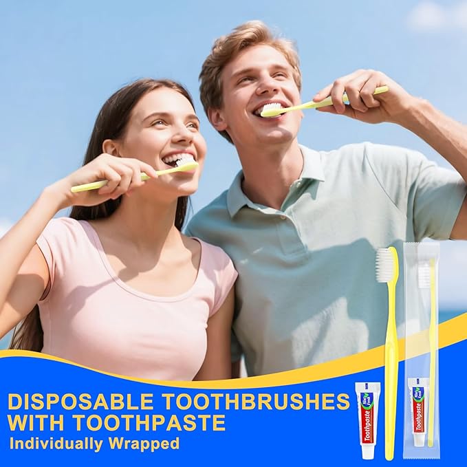 Yellow Disposable Toothbrushes with Toothpaste - Pack of 1000,Individually Wrapped Single Use Travel Toothbrushes Kit Bulk for Homeless,Guests,Hotel,Dentist