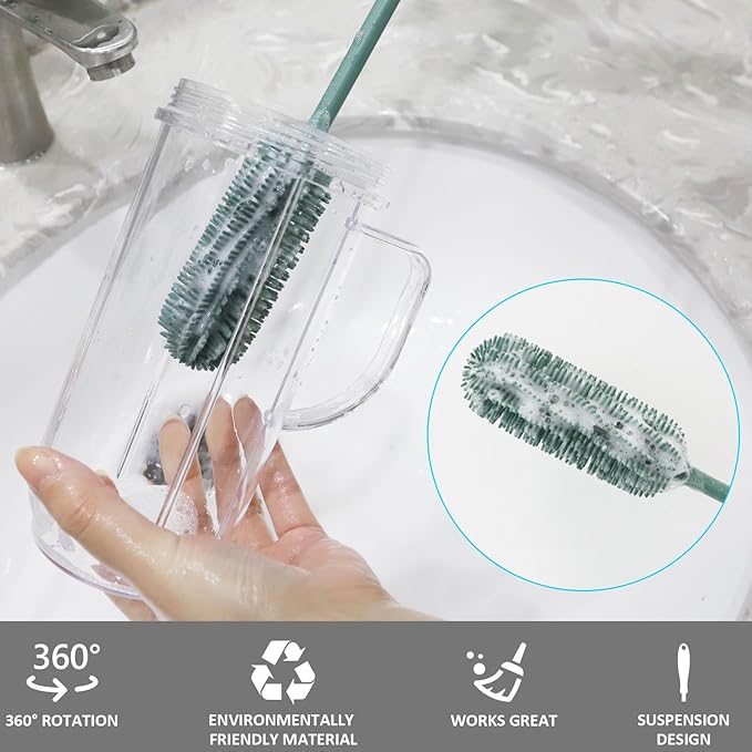 15.7" Silicone Bottle Brush, ddLUCK Water Bottle Cleaner Brush for Stanley, Hydroflasks, Glass, Thermos Sports Bottle, Vase and Glassware, Bottle Brush Cleaner for Small Narrow Neck Containers (Green)