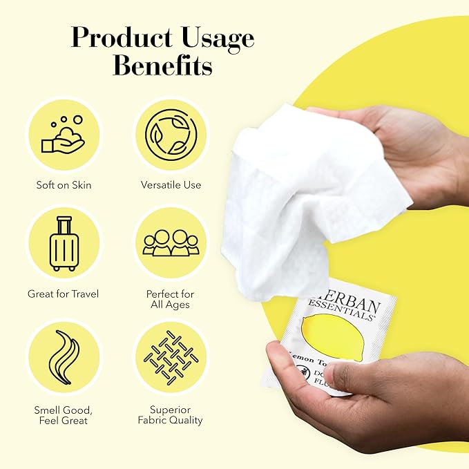 Herban Essentials - Lemon Wipes & Towelettes - Essential Oil Wipes for Make Up, Hands, Face & Body - Travel Size Essentials & Toiletries - Natural, Individually Wrapped, Disposable & Moist (20 count)