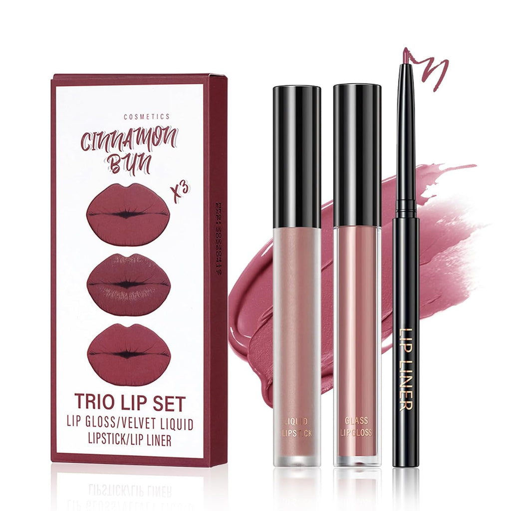 3 in 1 Lip Liner and Lipstick Combo Lip Gloss Kit for Women Moisturizing Velvet Lip Kit Long-lasting Smudge Proof Daily Professional Lip Makeup (01# Sole Memory)