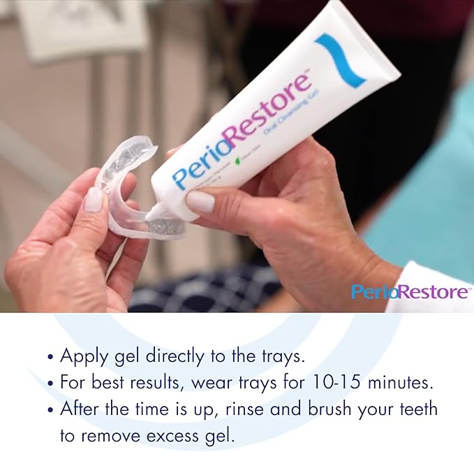 Perio Restore® Gel 3 Ounce Tube; 3 Pack. 1.7% Hydrogen Peroxide Oral Cleansing Treatment Gel. Includes Two (2) Trays for Ease of Application. Mint Flavor