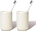 2 Pack Beige Speckled Ceramic Toothbrush Holder, Rippled Cylinder Tumbler for Bathroom Countertop, Makeup Brush Holder, Pen Organizer, Multipurpose Bathroom Accessory