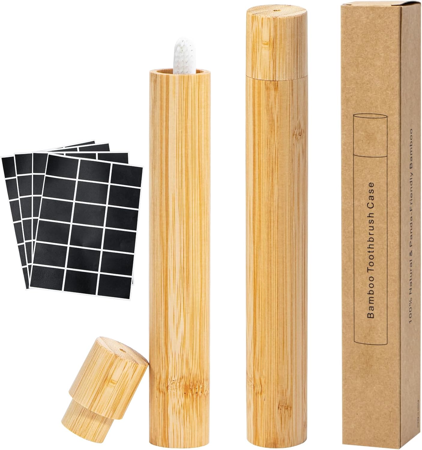 Yeeco 2 Pcs Portable Bamboo Toothbrush Case, Wooden Toothbrush Covers Storage Container Reusable Toothbrush Travel Holder Sustainable for Trip Camping Home Travelling Attach 4 Pcs Sticky Label