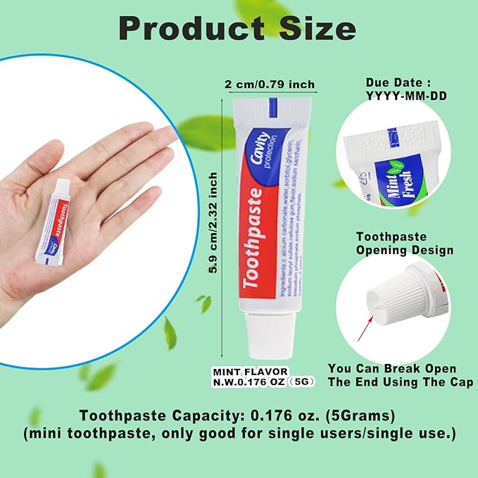100 Tubes Bulk Travel Size Toothpaste,0.176 oz Extra Small Toothpastes Travel Size Bulk Mint Mini Disposable Toothpaste for Hotel,Guests,Homeless,Charity(Too Small, Only Good for Single Use)