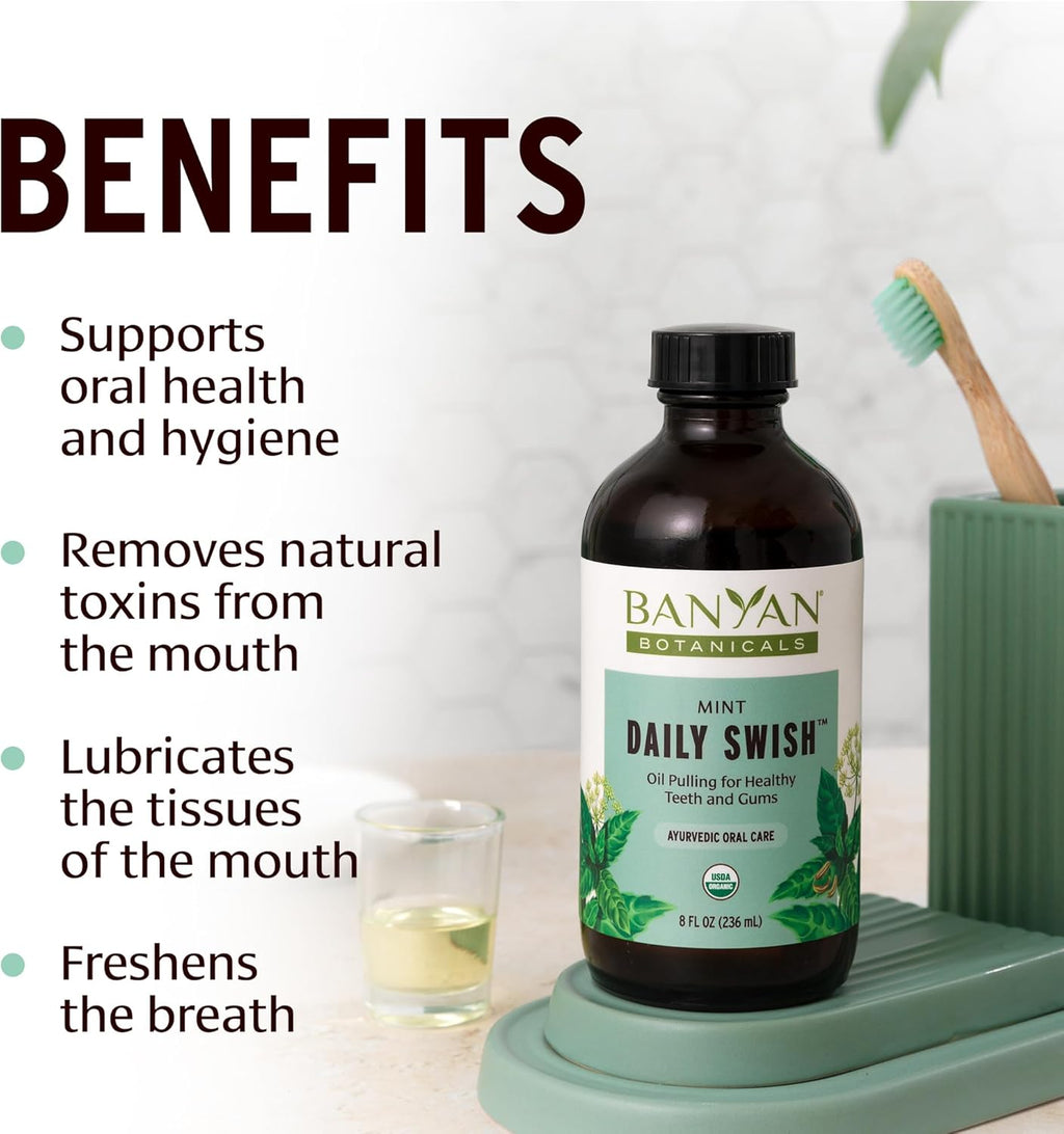 Banyan Botanicals Mint Daily Swish – Organic Ayurvedic Pulling Oil with Coconut Oil – Mouthwash for Fresh Breath and Sparkling Oral Health* – 24 oz – Non GMO Sustainably Sourced Vegan