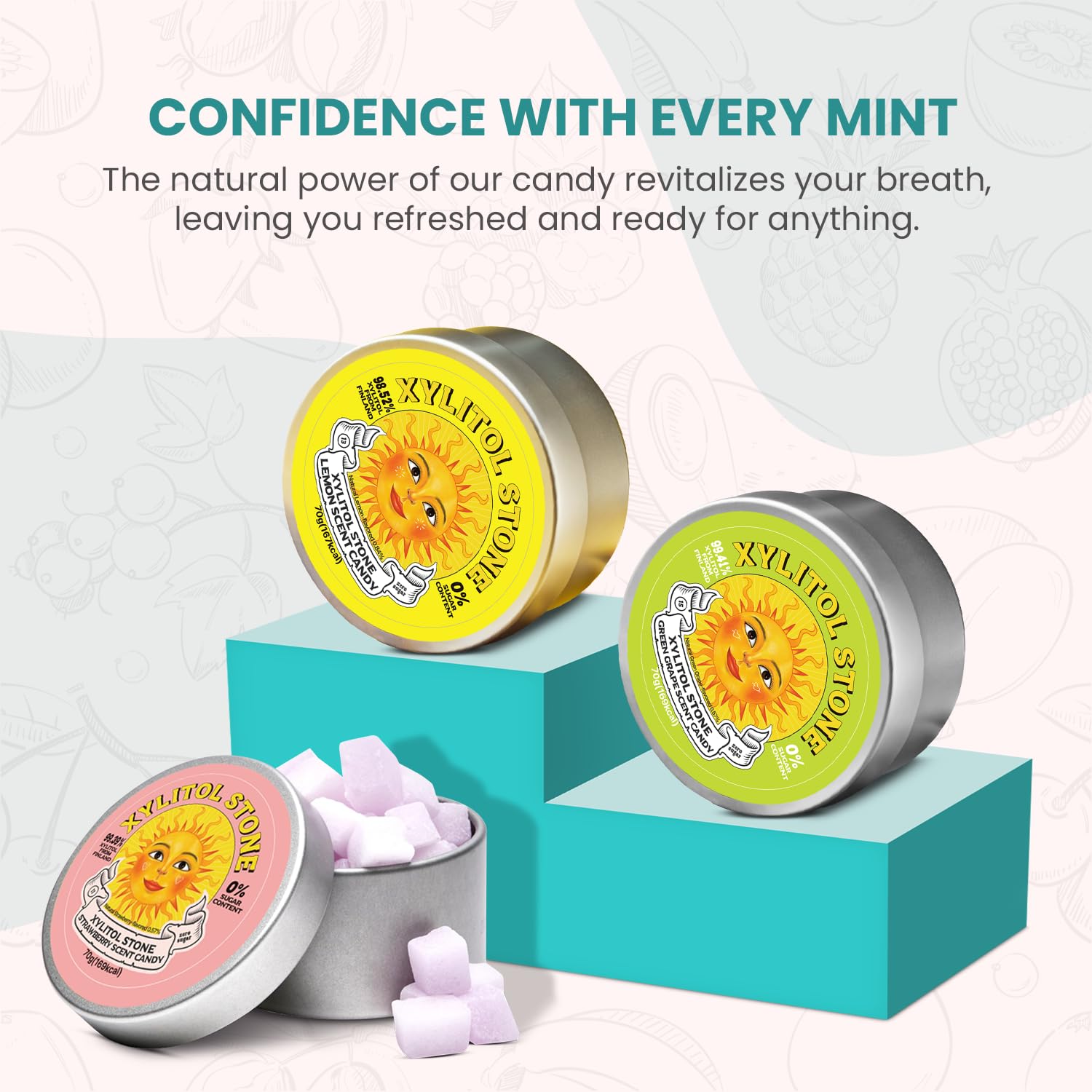 Xylitol Stone Sugar Free Candy - Vegan & Keto Friendly Unique Hard Candy - 100% Natural Flavor Candies - Gluten Free & Non-GMO Breath Freshener Mints - Pack of 3 (Strawberry, Green Grape, Lemon)