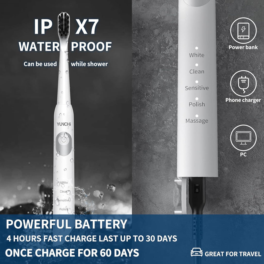 YUNCHI Sonic Electric Toothbrush for Adults & Kids with 8 Charcoal Brush Heads, Y2 Rechargeable Electric Toothbrushes, Deep Clean & Fresh Breath, 5 Modes, Fast Charge, 2 Mins Timer Tooth Brush,White