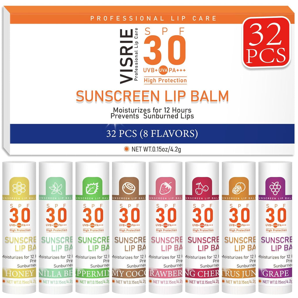 SPF 30 Sunscreen Lip Balm, Bulk Travel Size - 32 Pack, Hydrating with Vitamin E & Coconut Oil - 8 Flavors