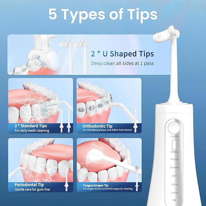 Cordless Water Flosser for Teeth, U-Shaped Flossing 360° Deep Clean, 5 Modes 7 Jet Tips for Adult & Child, Portable Rechargeable Dental Flosser Pick for Braces, Travel, 350ML Large Tank