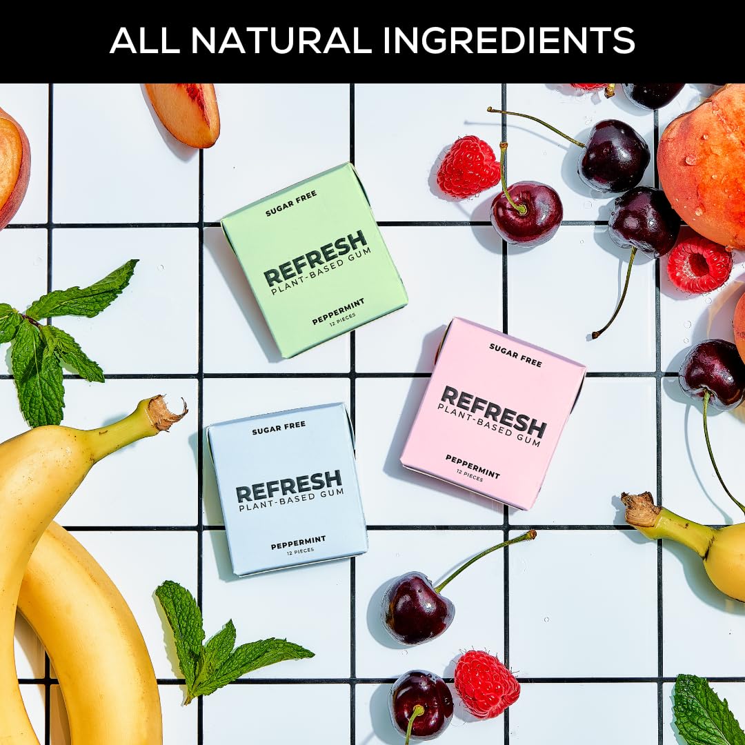 Refresh Gum, Xylitol, Natural, Sugar Free, Plastic Free, Natural Flavors & Organic Ingredients, Plant-Based, Non GMO, Peppermint, Garden Mint & Raspberry Variety Pack, 12 Pcs, 6 Pack