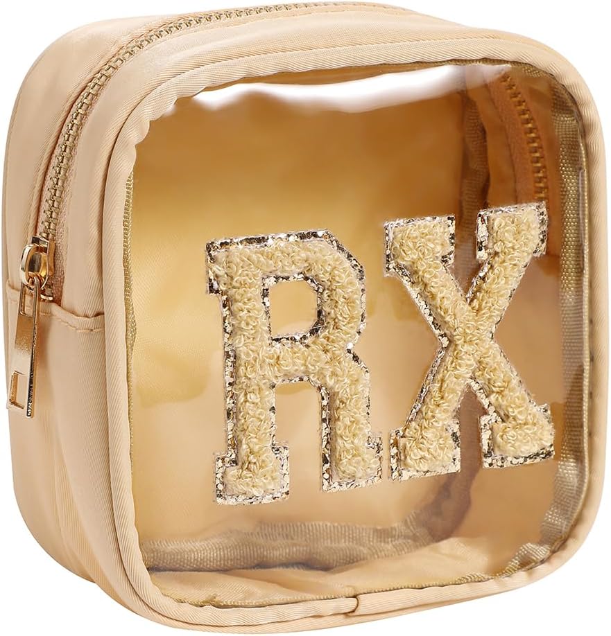 Small Chenille Letter Clear Medicine Makeup Bags,Nylon PVC Waterproof Rx Pouch with Metal Zipper, Cute Drug First Aid Travel Organizer for Women Girls(07Khaki)