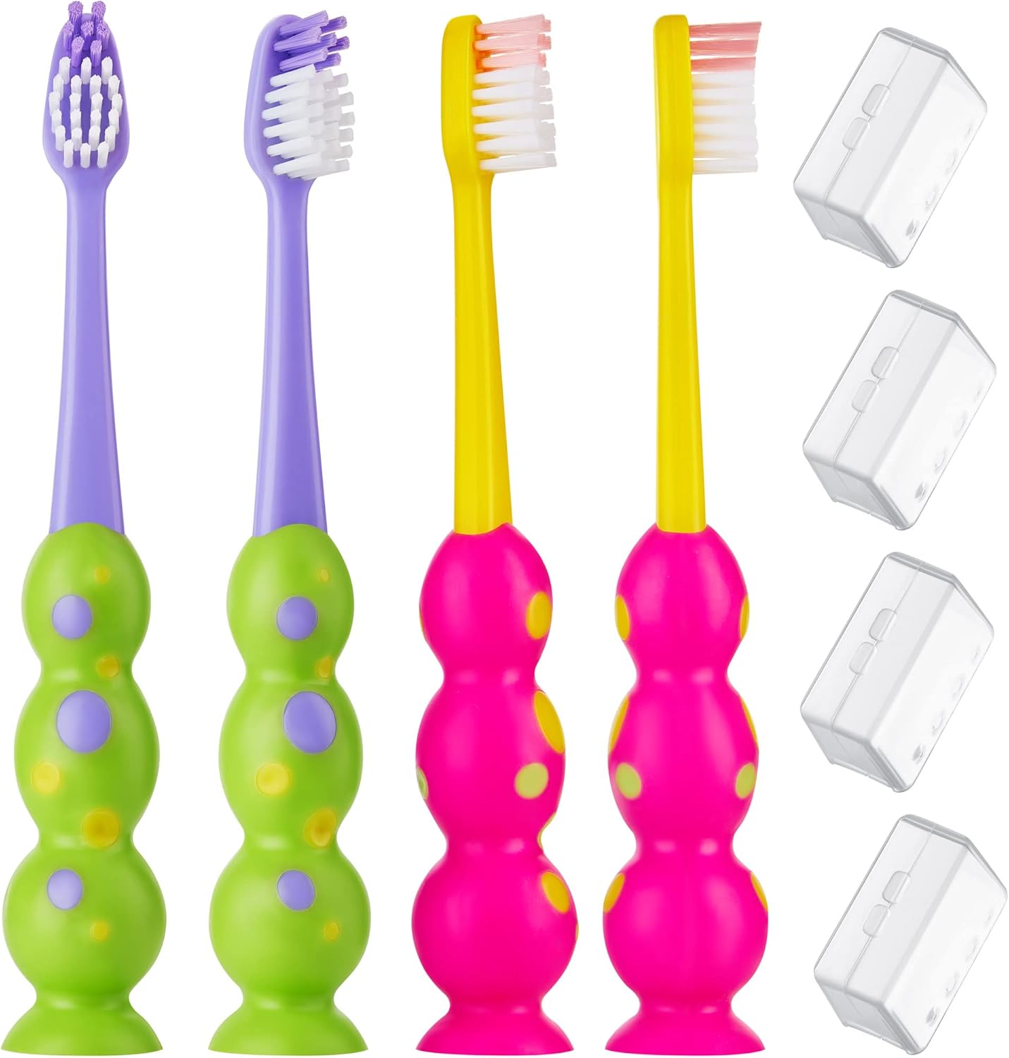 Kids Toothbrush 4 Pack - Soft Contoured Bristles - Child Sized Brush Heads (3-10 Year Old) - Suction Cup for Fun & Easy Storage - Girl & Boy Set (Green & Pink)
