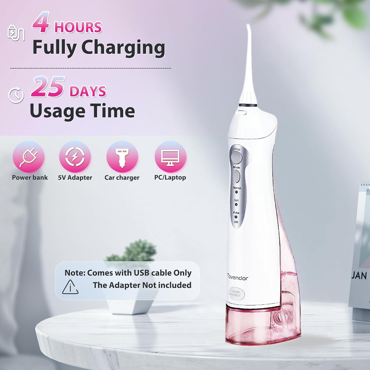 TOVENDOR Electric Water Flosser, Cordless Rechargeable Dental Oral Irrigator IPX7 Waterproof 300ML Travel Water Teeth Cleaner with 5 Tips for Braces Care Teeth Gums Cleaning, Home Office Daily Use