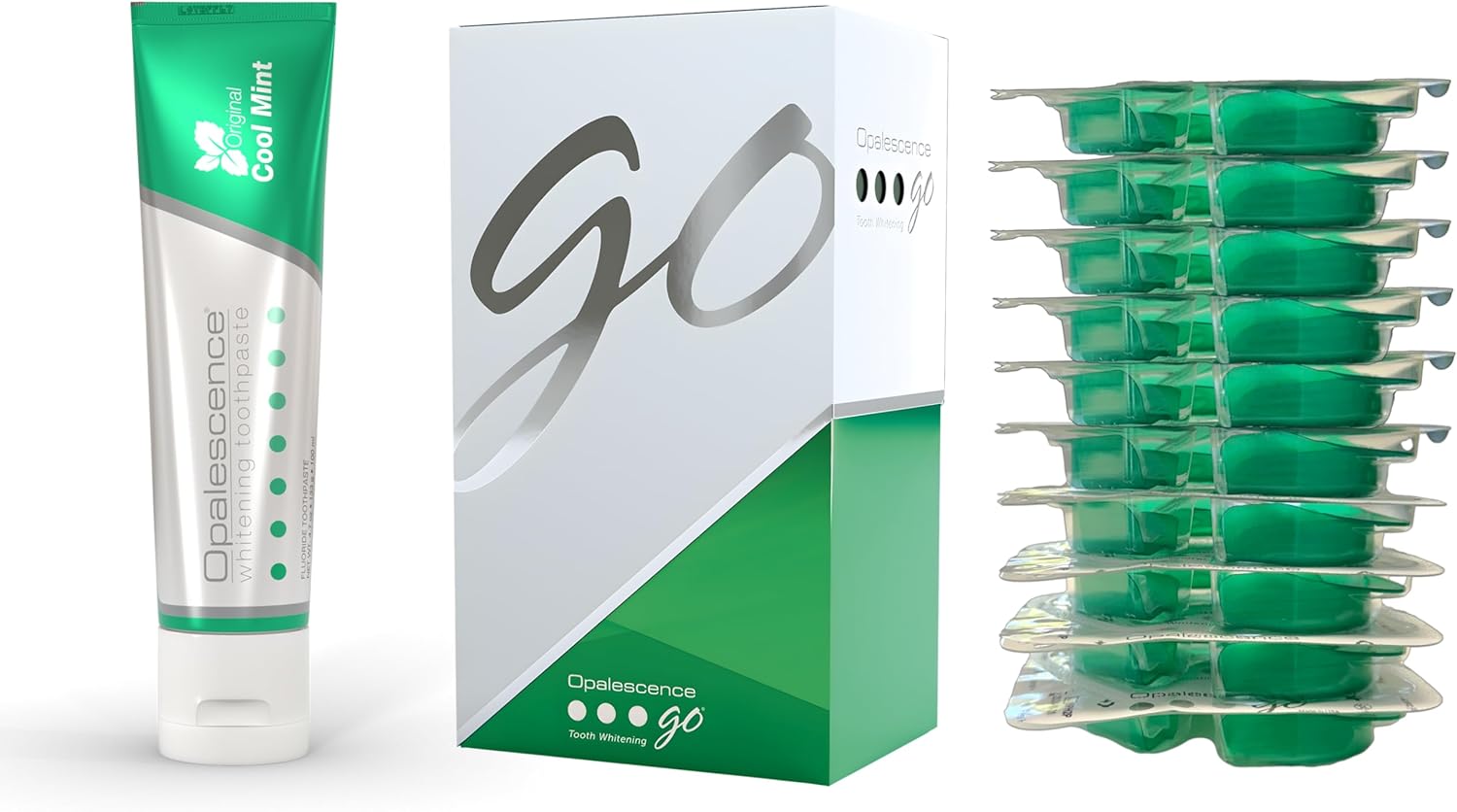 Opalescence Whitening Bundle - Opalescence Go 15% Hydrogen Peroxide Prefilled Whitening Trays and Whitening Toothpaste - Mint Flavor 5194-5166